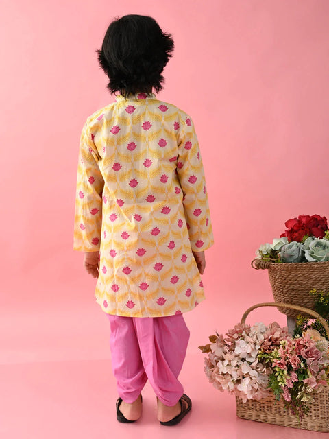 Saka Designs Boys Lotus Prinetd Yellow Kurta with Pink Dhoti