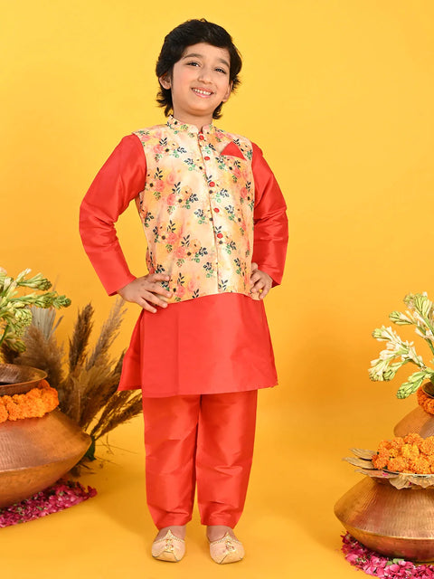 Saka Designs Boys Red Kurta With Floral Printed jacket & Payjama