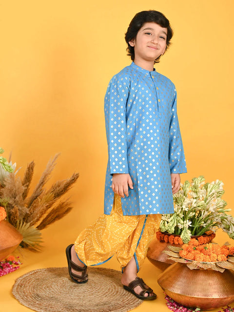 Saka Designs Boys Blue Kurta & Yellow Bandhani Printed Dhoti