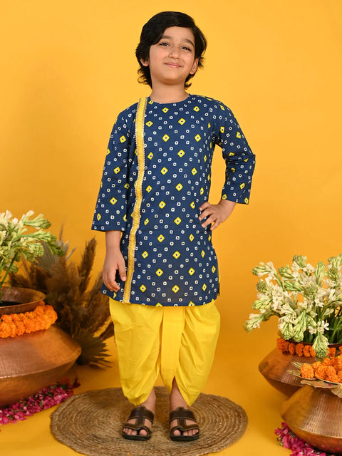 Saka Designs Boys Blue Bandhani Printed Cotton Kurta with Yellow Dhoti