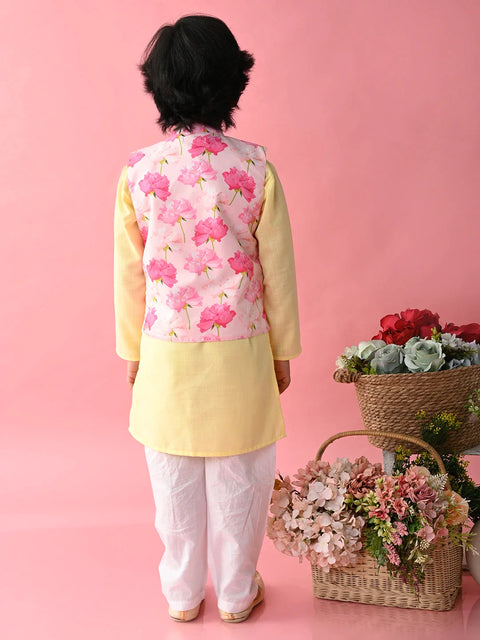 Saka Designs Boys Yellow Kurta With Printed jacket & Payjama