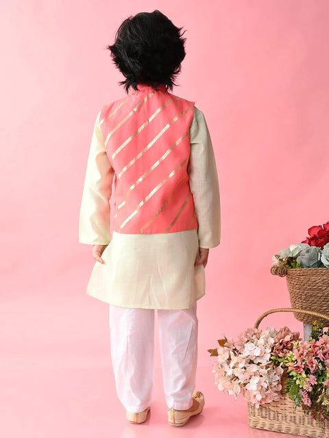 Saka Designs Boys Green Kurta Payjama With Peach & Gold Printed Jacket