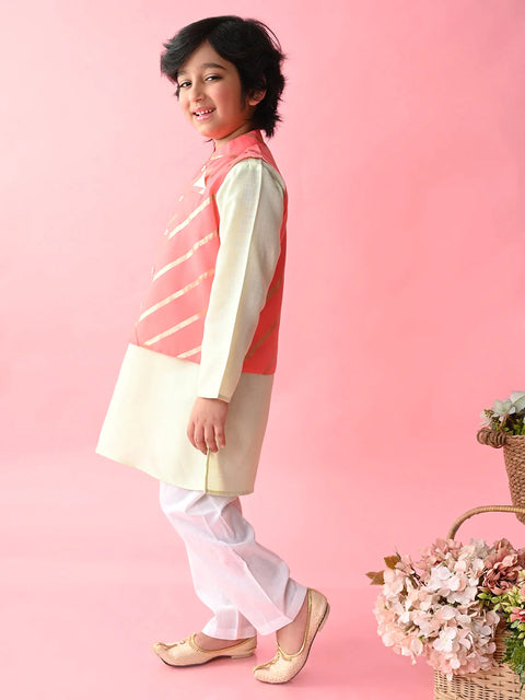 Saka Designs Boys Green Kurta Payjama With Peach & Gold Printed Jacket