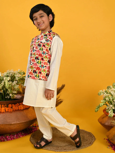 Saka Designs Boys Cream Kurta With Printed jacket & Payjama
