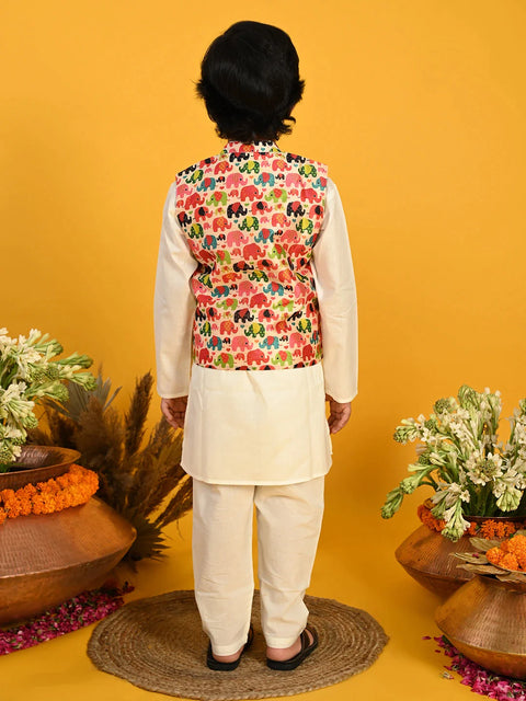 Saka Designs Boys Cream Kurta With Printed jacket & Payjama