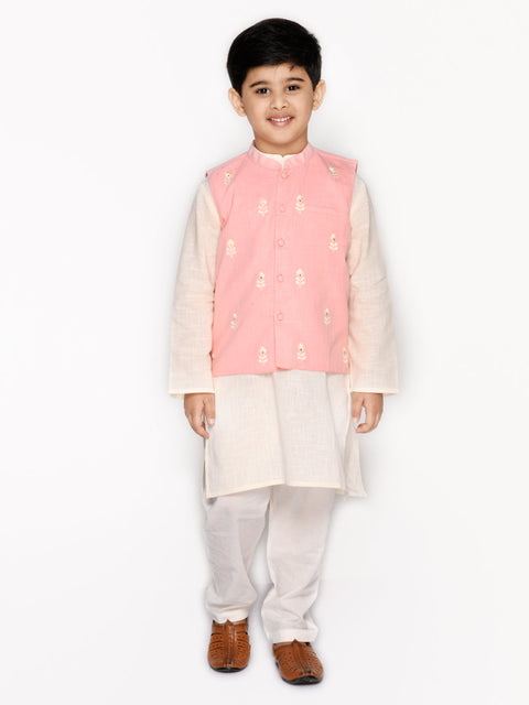 Saka Designs Boys Cotton Kurta And Pyjama With Embroidered Jacket