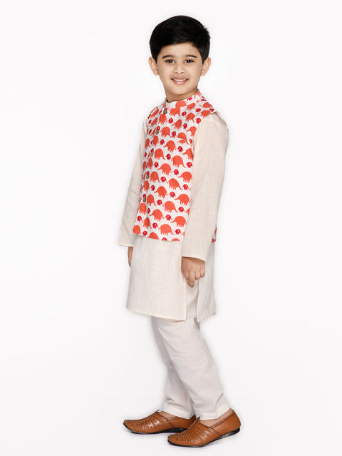 Saka Designs Boys Cotton Kurta & Pyjama With Printed Jacket