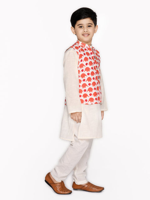Saka Designs Boys Cotton Kurta & Pyjama With Printed Jacket