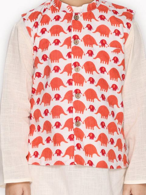 Saka Designs Boys Cotton Kurta & Pyjama With Printed Jacket