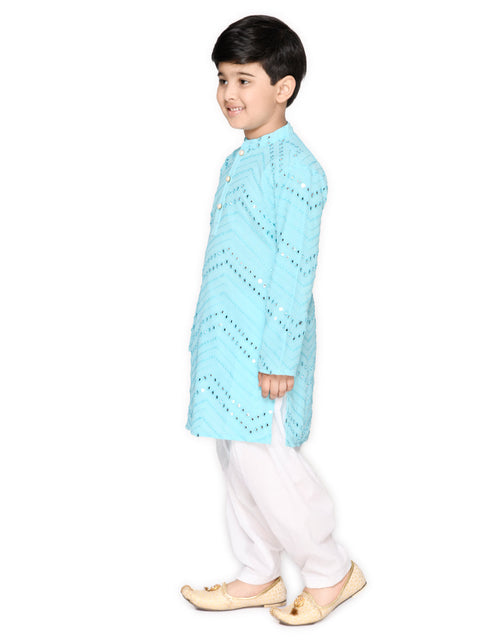 Saka Designs Boys Blue Embroidered Cotton Kurta & Pyjama Set