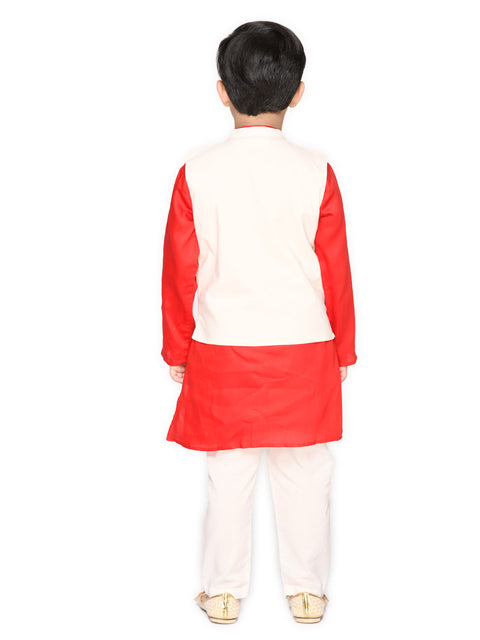 Saka Designs Boys Red Cotton Kurta With Pyjama & Embroidered Jacket