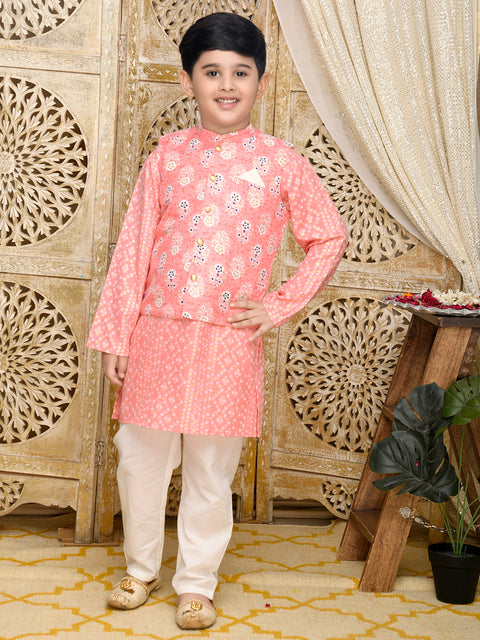 Saka Designs Peach & Gold Kurta Jacket Set Foil Print For Boys With Off White Paijama