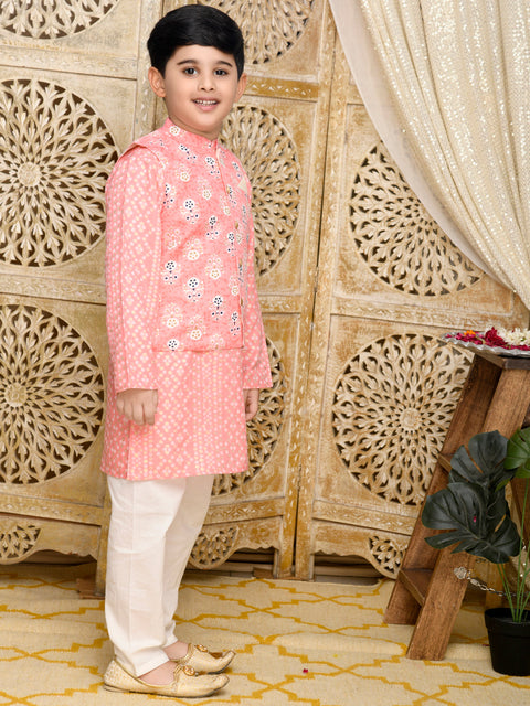 Saka Designs Peach & Gold Kurta Jacket Set Foil Print For Boys With Off White Paijama