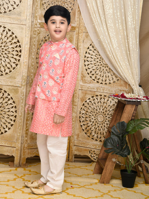 Saka Designs Peach & Gold Kurta Jacket Set Foil Print For Boys With Off White Paijama