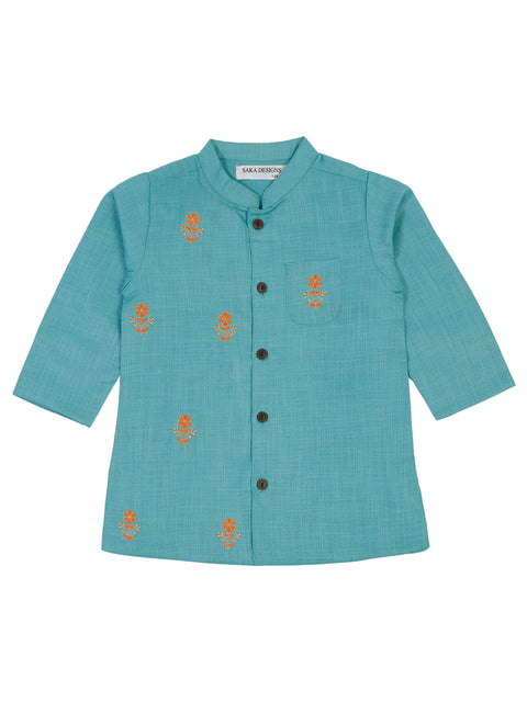 Saka Designs Emberoidered Cotton Kurta Pajama Set for boys for Turquoise Blue & Orange