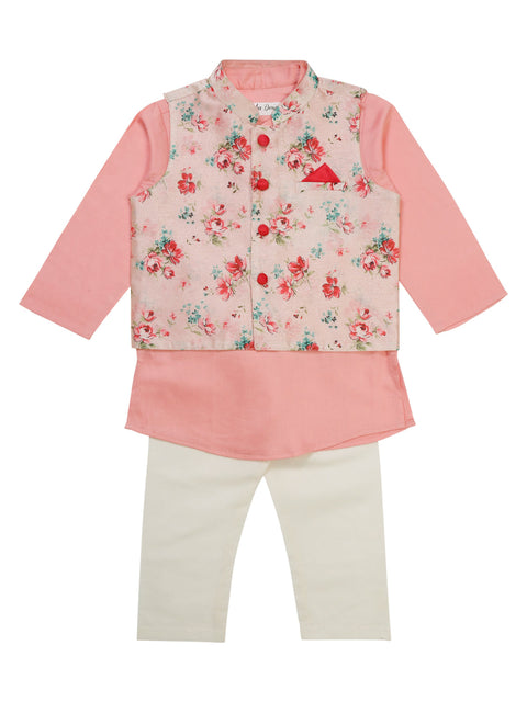 Saka Designs Cotton Pink Kurta Payjama With Floral Printed Jacket For Boys