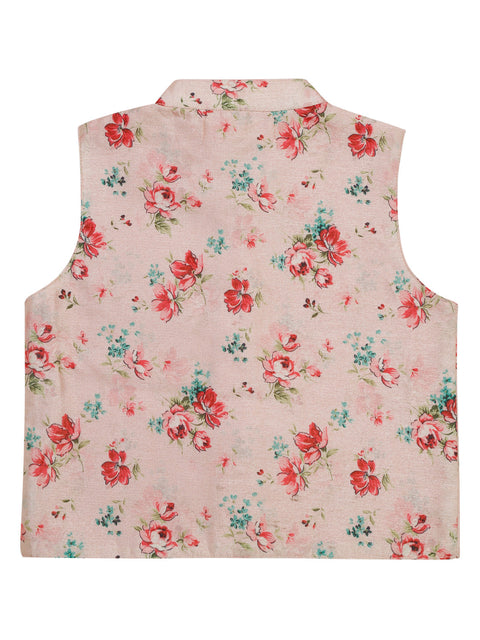 Saka Designs Cotton Pink Kurta Payjama With Floral Printed Jacket For Boys