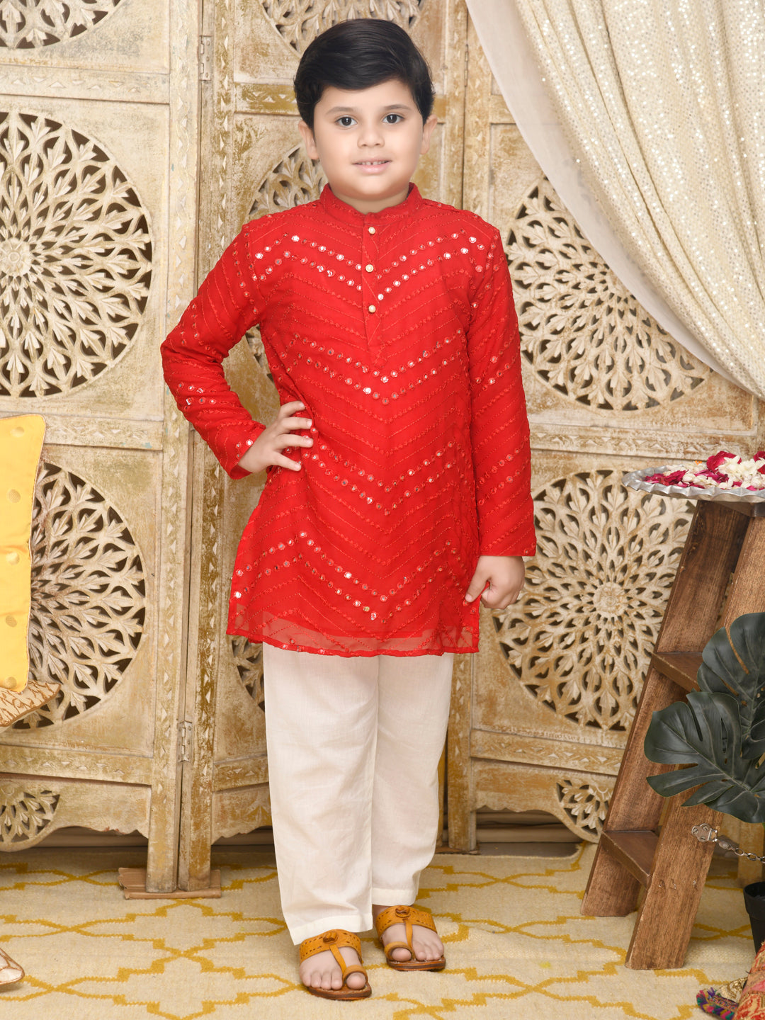 Embroidered Kurta With Pyjama - Red