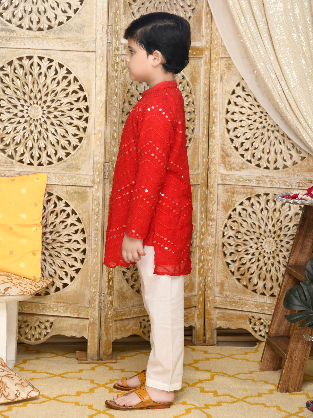 Embroidered Kurta With Pyjama - Red