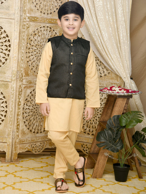Saka Designs Golden Cotton Kurta With Black Jaquard Jacket and Paijami