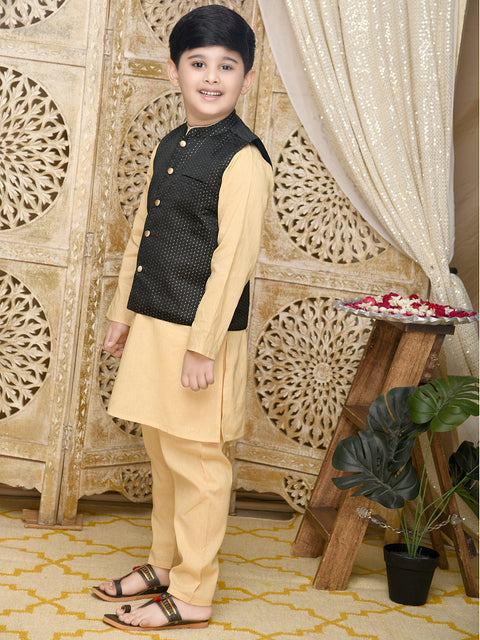 Saka Designs Golden Cotton Kurta With Black Jaquard Jacket and Paijami