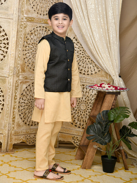 Saka Designs Golden Cotton Kurta With Black Jaquard Jacket and Paijami