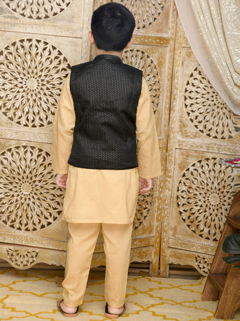 Saka Designs Golden Cotton Kurta With Black Jaquard Jacket and Paijami