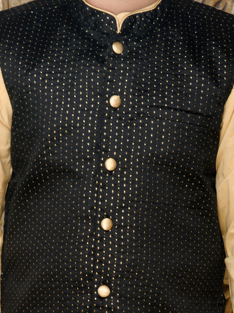Saka Designs Golden Cotton Kurta With Black Jaquard Jacket and Paijami