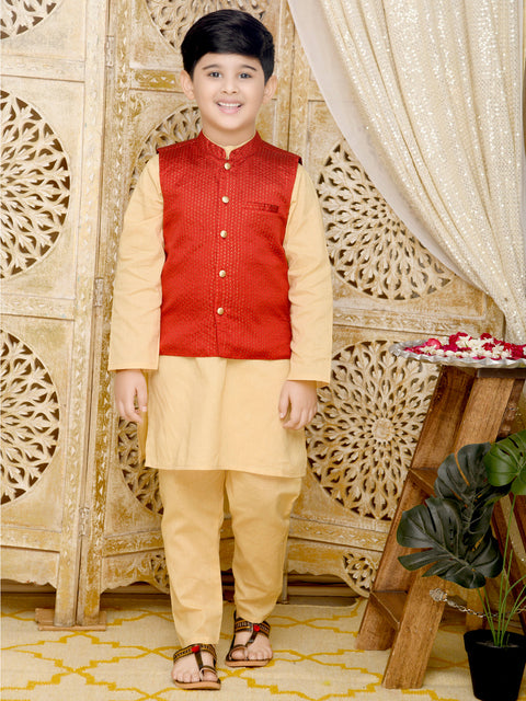Saka Designs Golden Cotton Kurta With Red Jaquard Jacket And A Paijami
