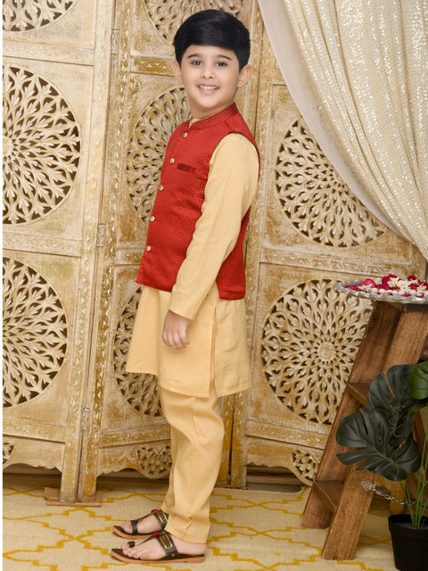 Saka Designs Golden Cotton Kurta With Red Jaquard Jacket And A Paijami
