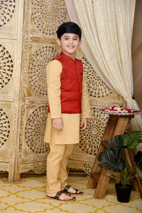Saka Designs Golden Cotton Kurta With Red Jaquard Jacket And A Paijami