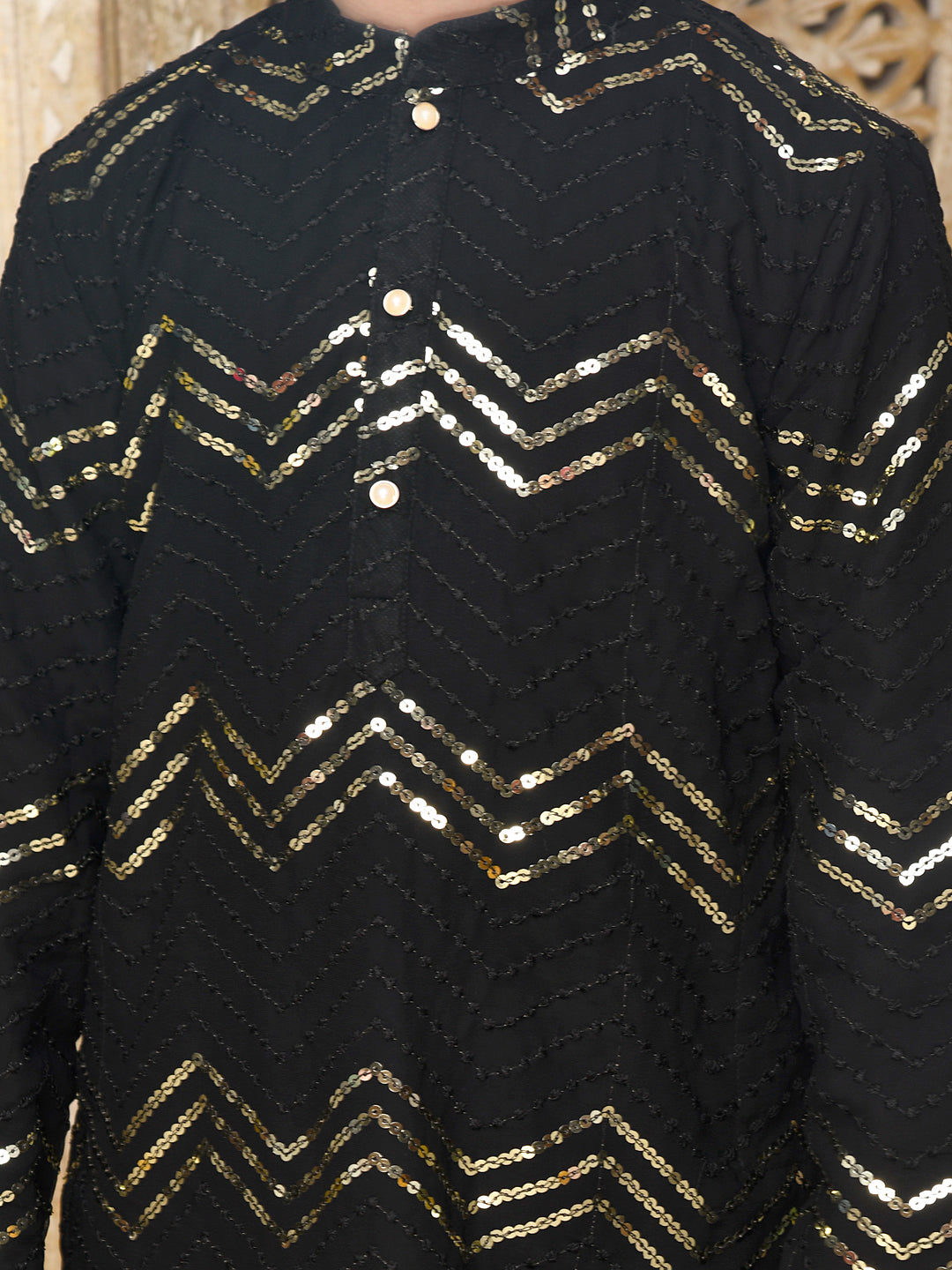 Sequenced Kurta with Pyjama - Black