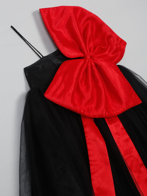 saka-designs-black-one-soulder-premium-gown-dress-attach-with-red-bow-for-girls