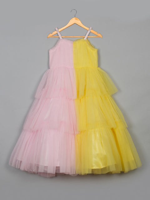 SakaDesigns Pink & Yellow Strap Shoulder Premium Gown/Dress for Girls