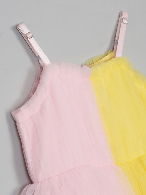 SakaDesigns Pink & Yellow Strap Shoulder Premium Gown/Dress for Girls