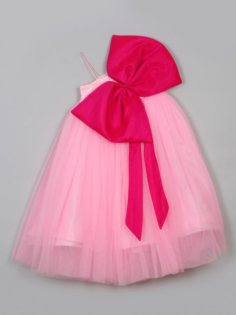 Saka Designs Pink One soulder premium Gown/Dress attach with Majenta Bow For Girls