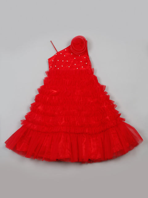 Saka Designs Red One soulder premium Gown/Dress with Pearl & Flower work for Girls