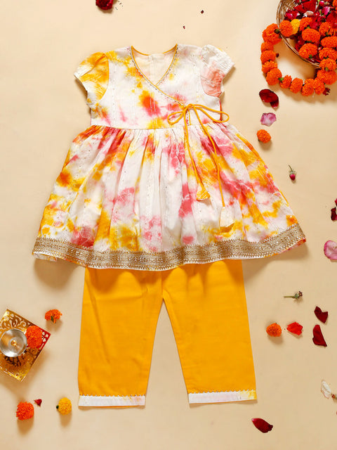 Saka Designs Girl's Tie Dye Yellow Printed Anarkali Kurta Set