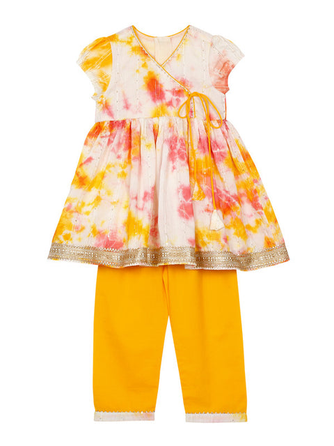 Saka Designs Girl's Tie Dye Yellow Printed Anarkali Kurta Set