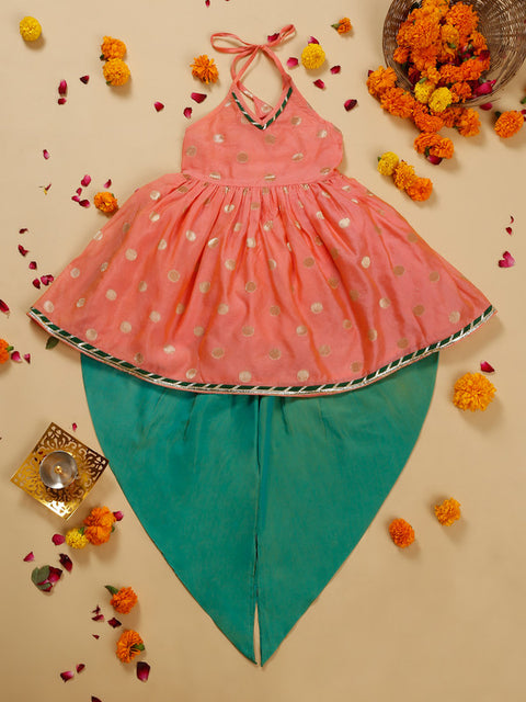 Saka Designs Orange and Green Halter Neck Dhoti Jhabla For Girls