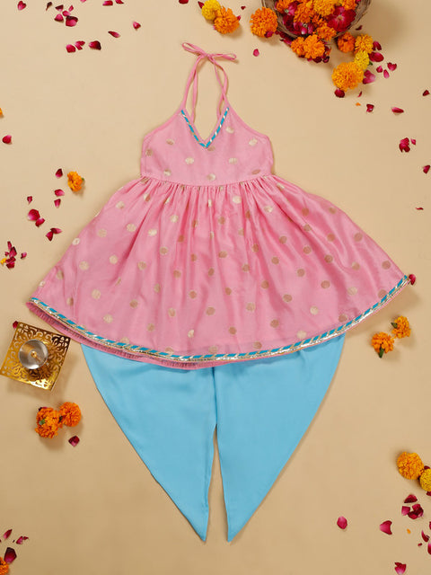 Saka Designs Pink and Blue Halter Neck Dhoti Jhabla For Girls