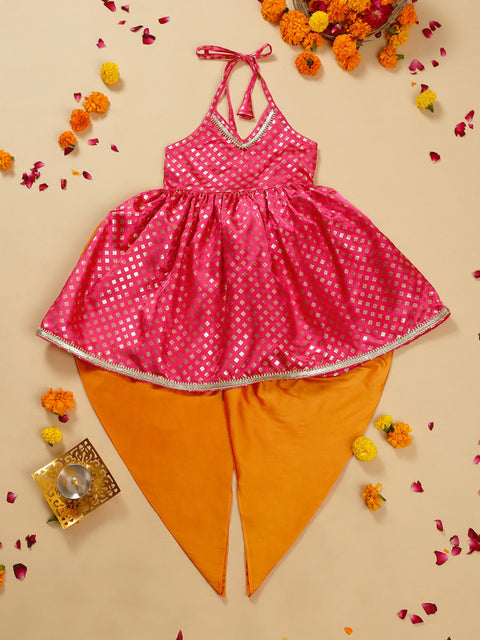 Saka Designs Magenta Gold and Orange Halter Neck Dhoti Jhabla