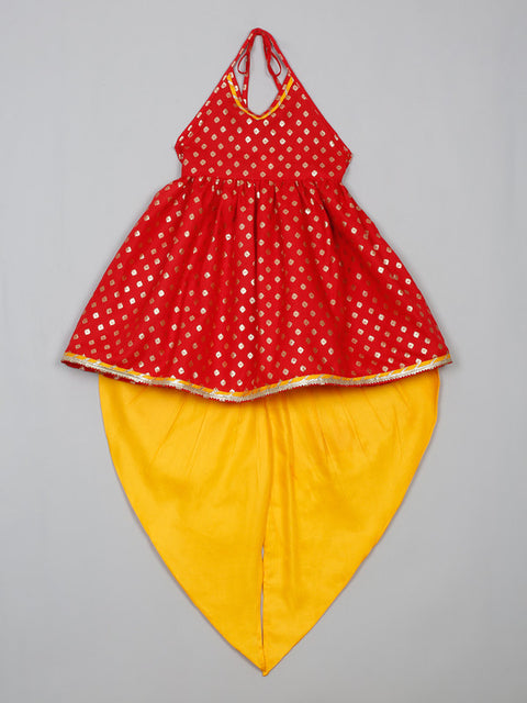 Saka Designs Red and Yellow Halter Neck Dhoti Jhabla For Girls