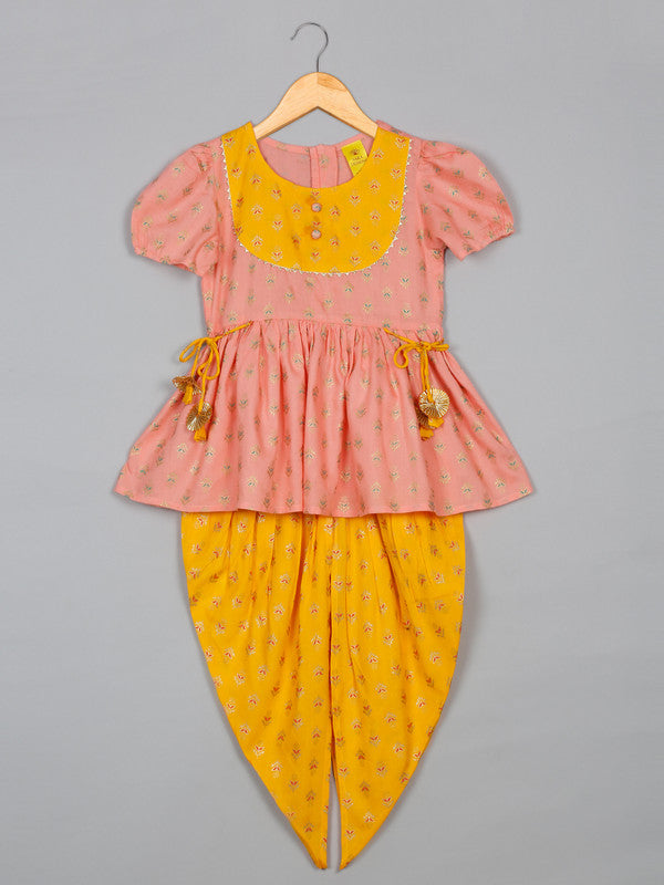 saka-designs-girls-foil-printed-peach-jhabla-with-yellow-dhoti-ensemble