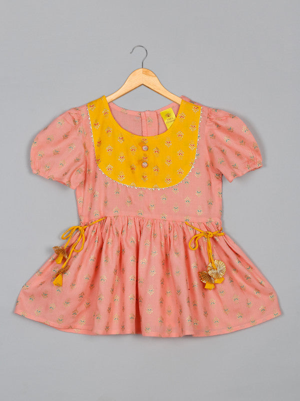 saka-designs-girls-foil-printed-peach-jhabla-with-yellow-dhoti-ensemble