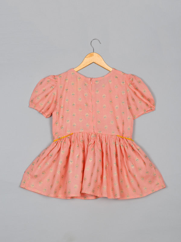 saka-designs-girls-foil-printed-peach-jhabla-with-yellow-dhoti-ensemble