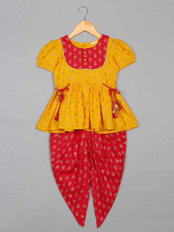 saka-designs-girls-foil-printed-yellow-jhabla-with-magenta-dhoti-ensemble