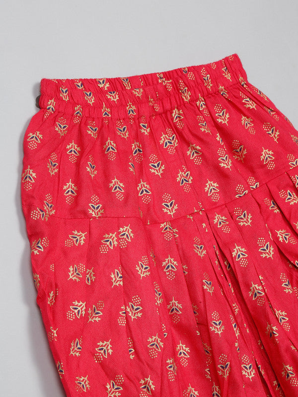 saka-designs-girls-foil-printed-yellow-jhabla-with-magenta-dhoti-ensemble