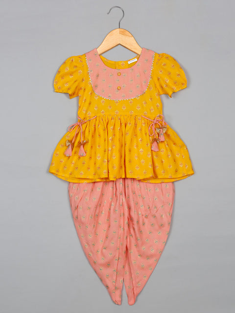Saka Designs Girls Foil Printed Yellow Jhabla with Peach Dhoti Ensemble