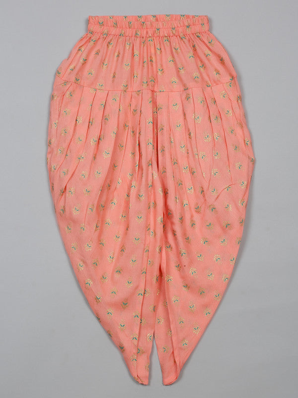 saka-designs-girls-foil-printed-yellow-jhabla-with-peach-dhoti-ensemble